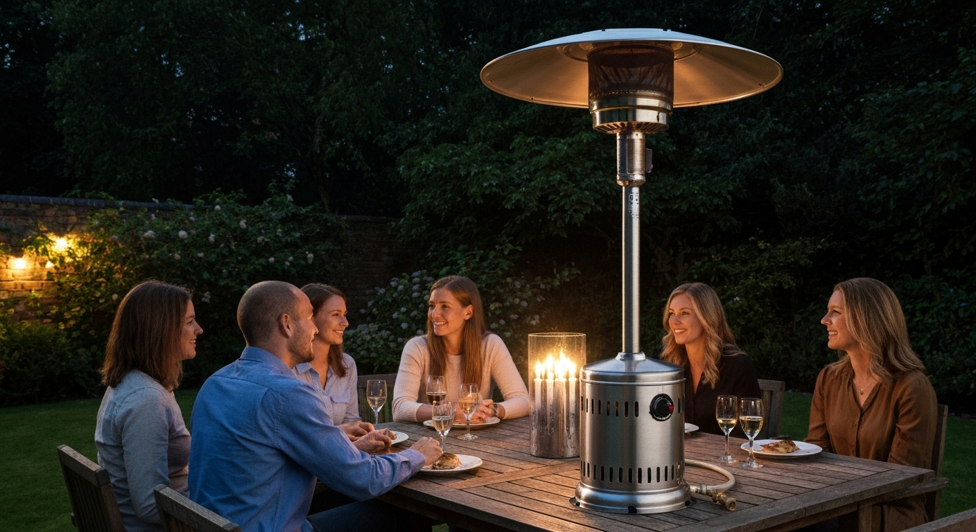 Sahara tabletop patio heater 688A (stainless steel) on a garden table in evening, showing reflector dome, control column and hose/regulator connection.