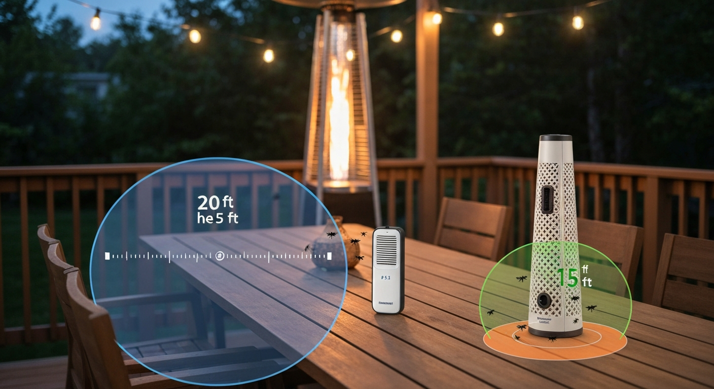 Dusk patio scene with Thermacell E55 and Patio Shield on a table; translucent 20-ft and 15-ft protection circles overlaid and patio heater heat zone highlighted to show safe placements.