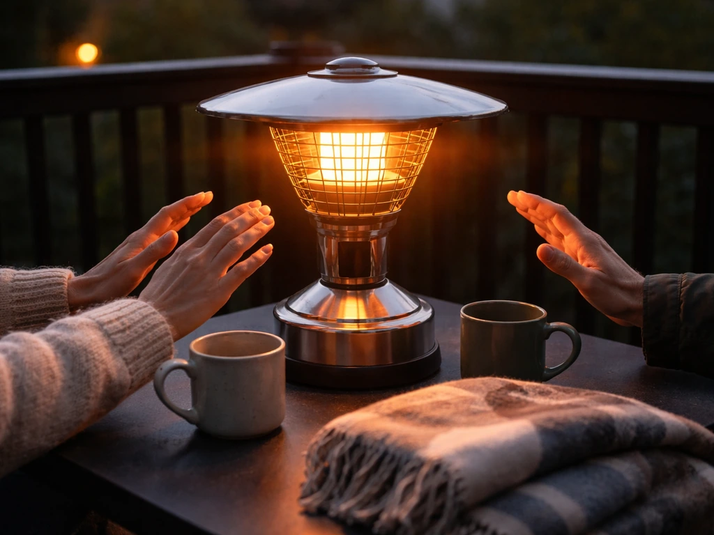 Tabletop patio heater glowing on a small outdoor dining table as hands warm near it at dusk.