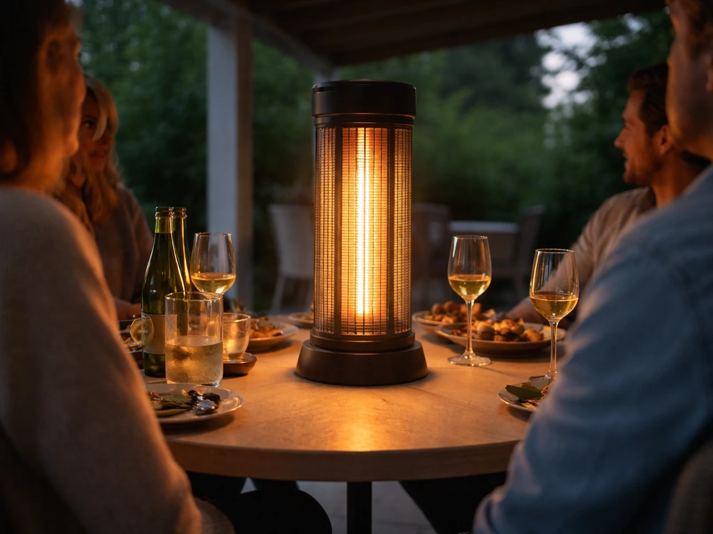 Infralia Retable patio heater on a covered patio table with diners seated around in warm evening light.