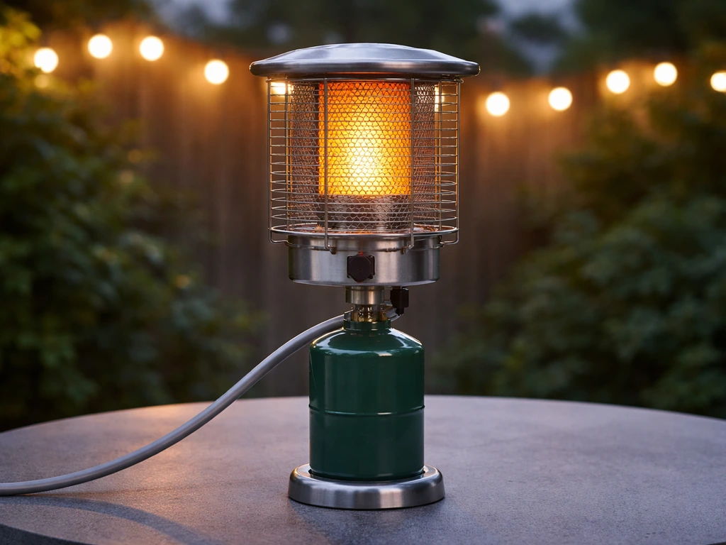 Portable tabletop propane heater glowing on a patio table with a 1-lb propane canister nearby