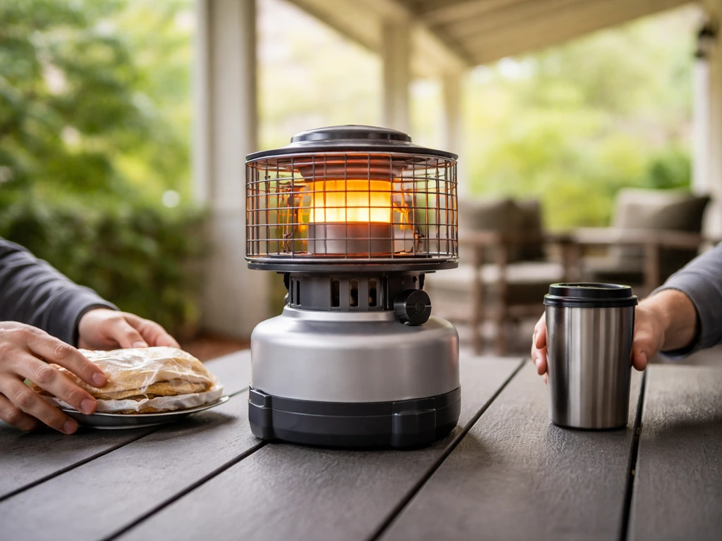 Tabletop propane heater with tip-over/overheat protection in a covered outdoor patio near people’s table