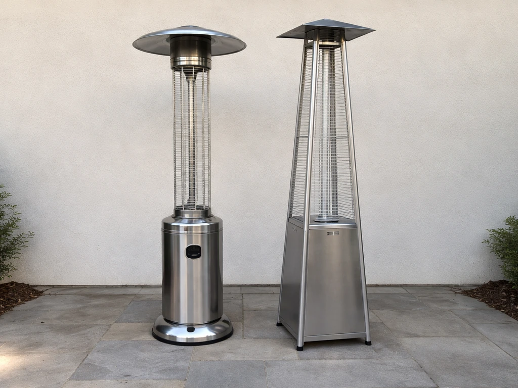 Two different propane standing tower heater shapes—mushroom and pyramid flame glass—on a simple outdoor patio