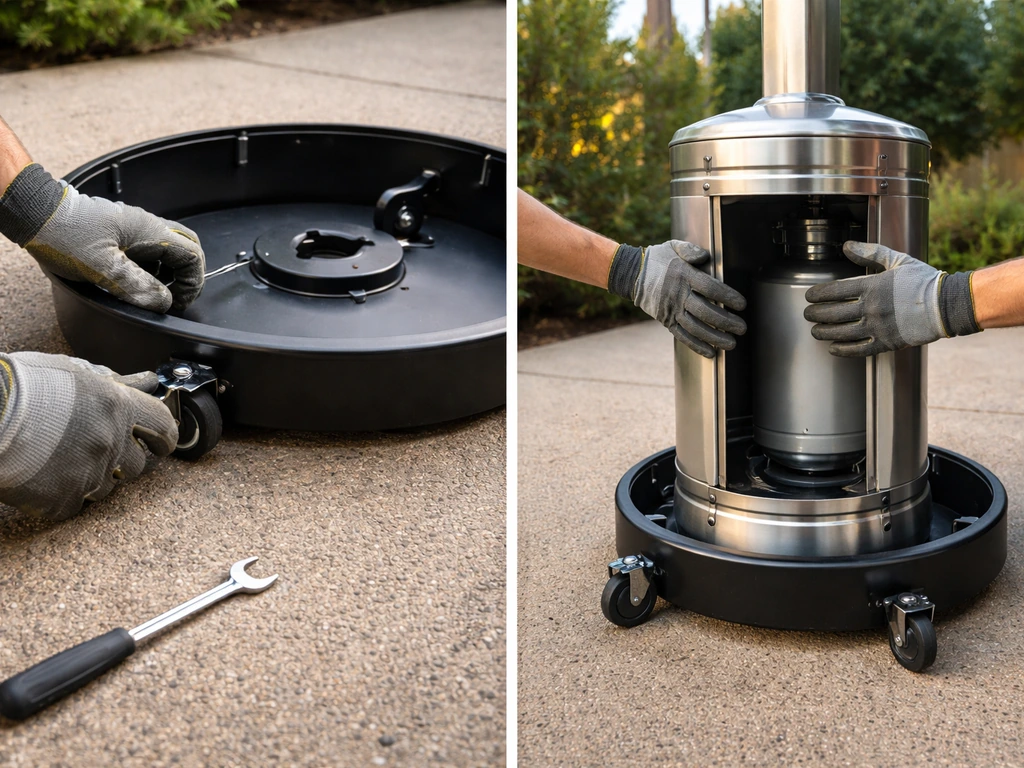 Hands assemble a small patio heater base and top on a driveway in warm natural light.