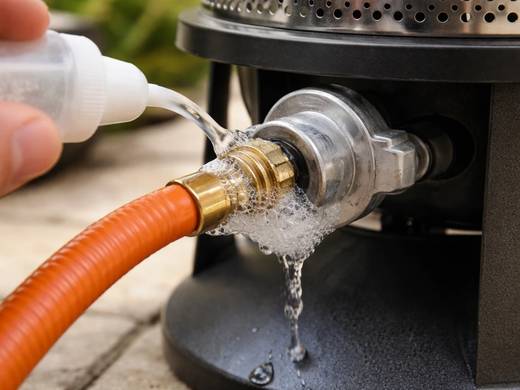 Soapy water bubbles at a propane hose connection on a patio heater during a leak check.