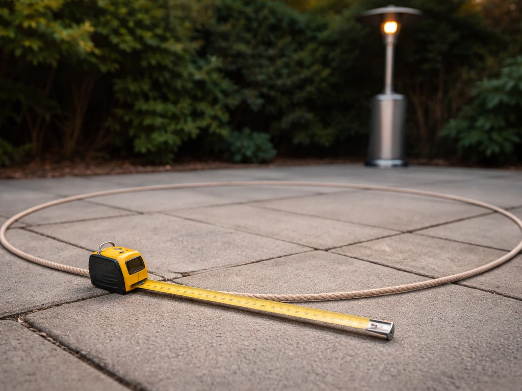 Close-up of a tape measure on a patio with a propane heater softly blurred in the background.