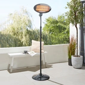 Dunelm tabletop patio heater on a bright outdoor patio setting