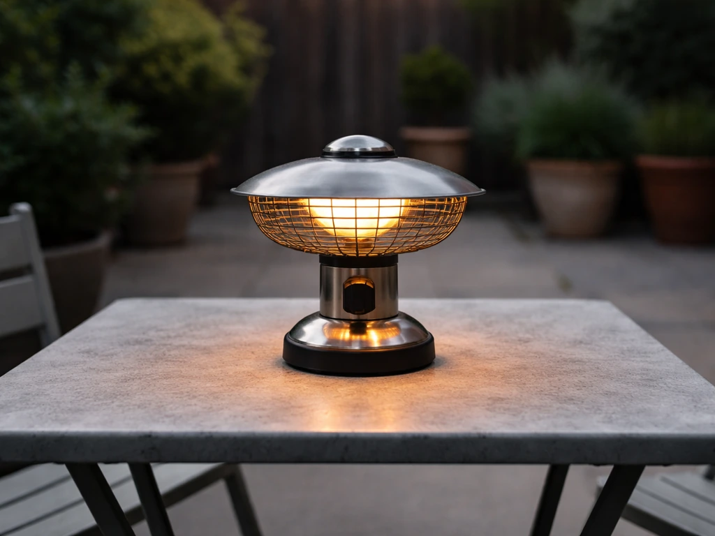 Compact tabletop patio heater on a patio bistro table with soft evening glow and blurred plants behind.