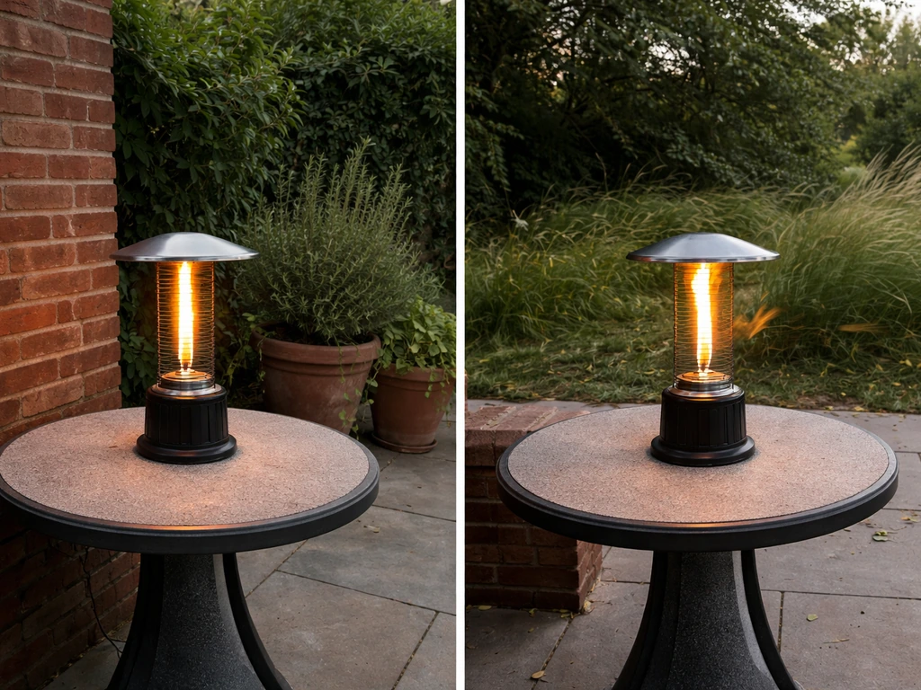Tabletop gas heater in a sheltered corner versus an open windy patio area with different positioning
