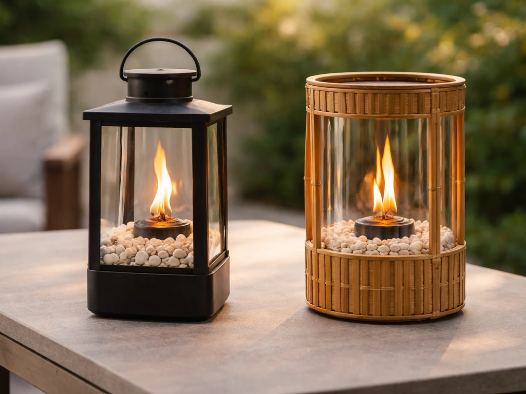 Two tabletop fire lantern patio heaters side by side: metal lantern on left, bamboo style on right.