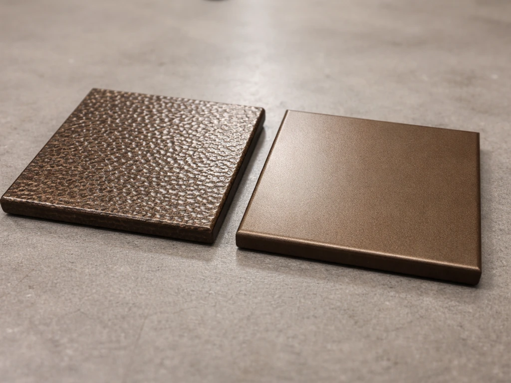 Close-up of two bronze metal samples: dimpled hammer-tone texture vs smooth flat paint finish.
