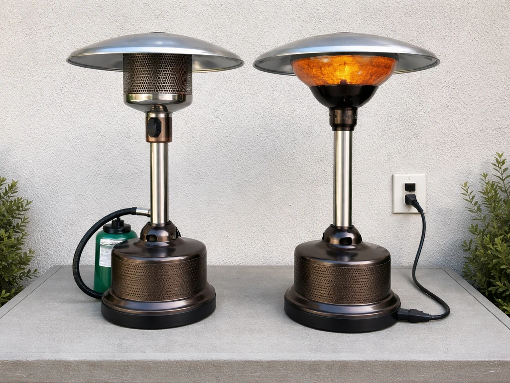 Two small tabletop heaters side by side: propane canister connection on one, electric infrared cord on the other.