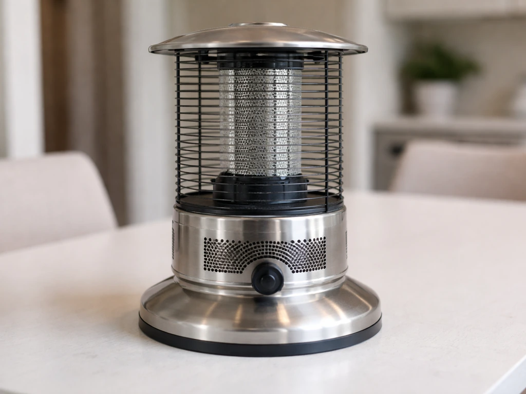 Tabletop propane heater with its stable base visible and safety tip-over auto-shutoff implied by design.