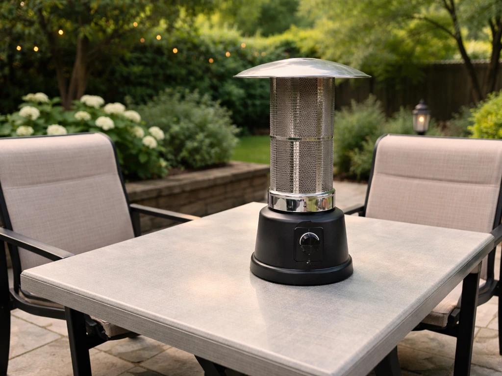 Propane tabletop heater on a patio table with visible safe clearance from seating and the connection area.