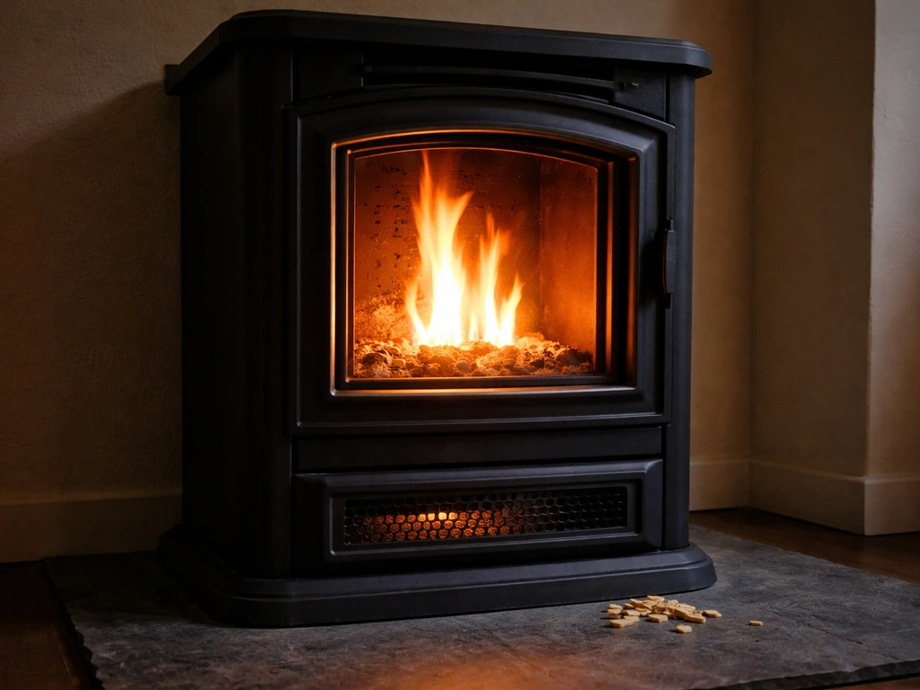 Pellet stove burning steadily with glowing logs, showing a hands-on wood-pellet heating feel.