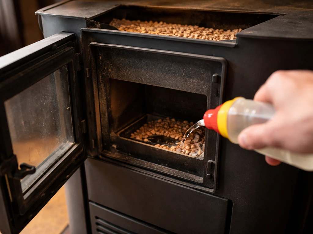 Pellet stove side door open while pellets are loaded into the hopper and lighter fluid is applied.