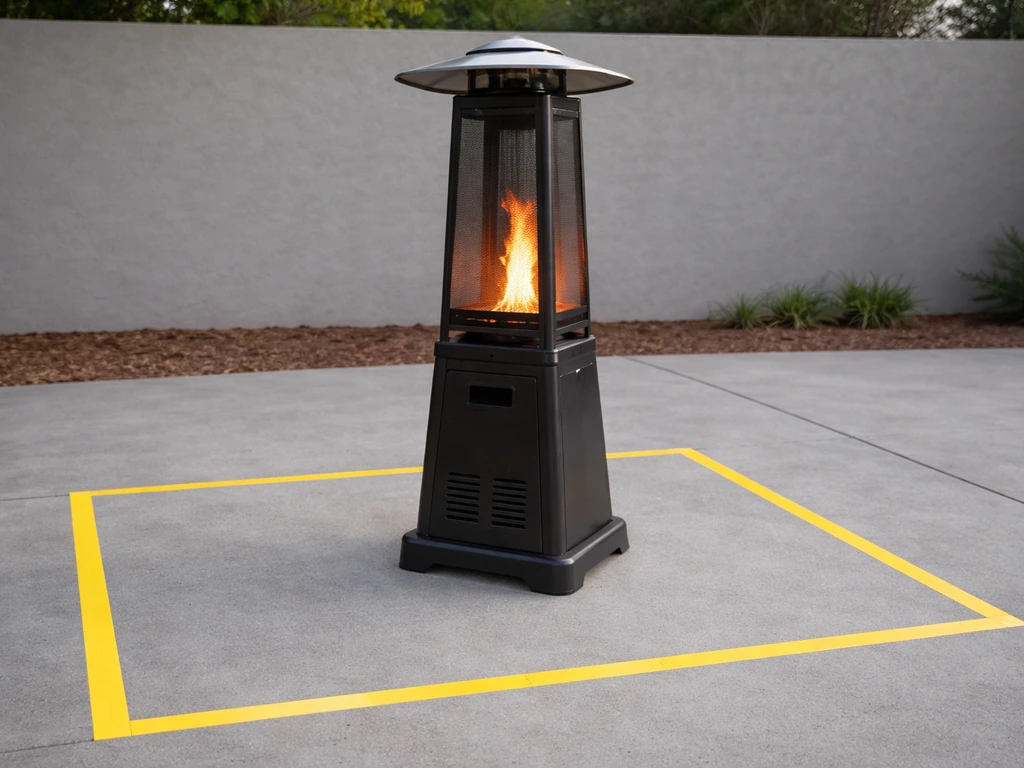 Pellet patio heater on a level non-combustible surface with clear tape markers around it.