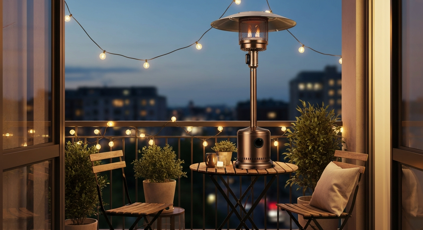 Bronze tabletop patio heater on a small balcony bistro table at dusk, warm glow and bronze finish visible.
