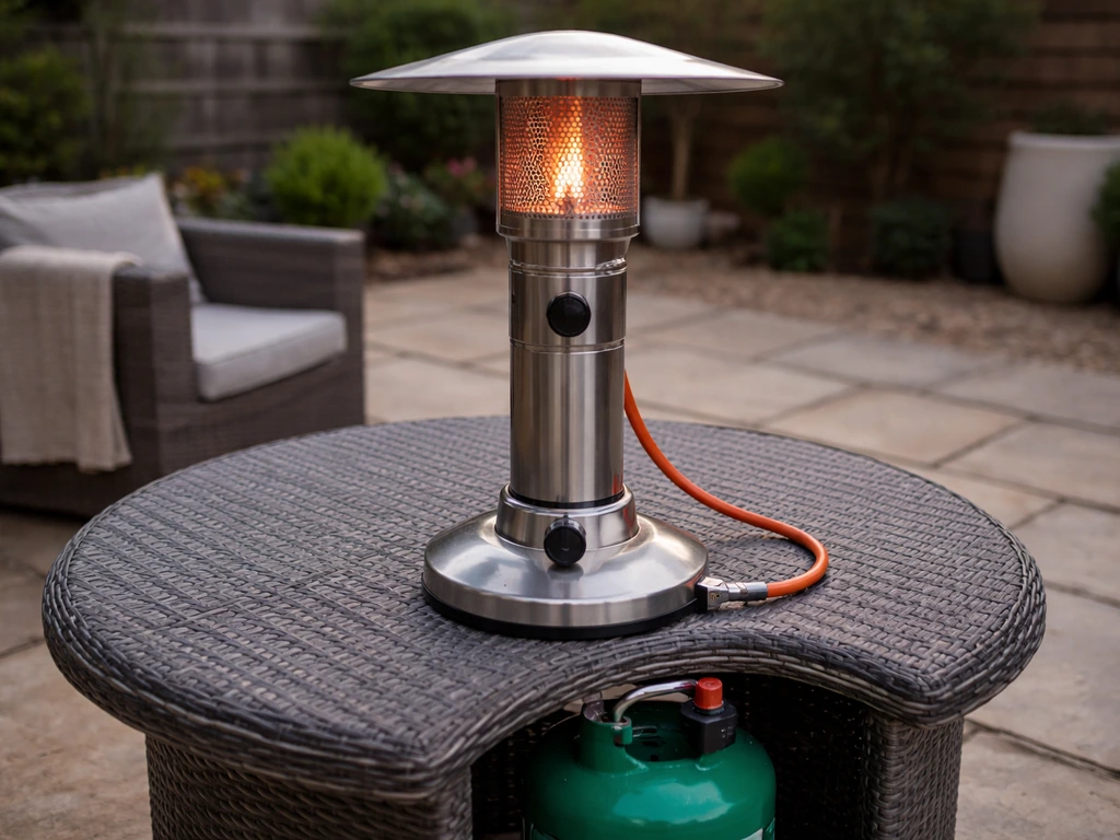UK-style tabletop gas patio heater on a patio table with a safely positioned gas cylinder setup.