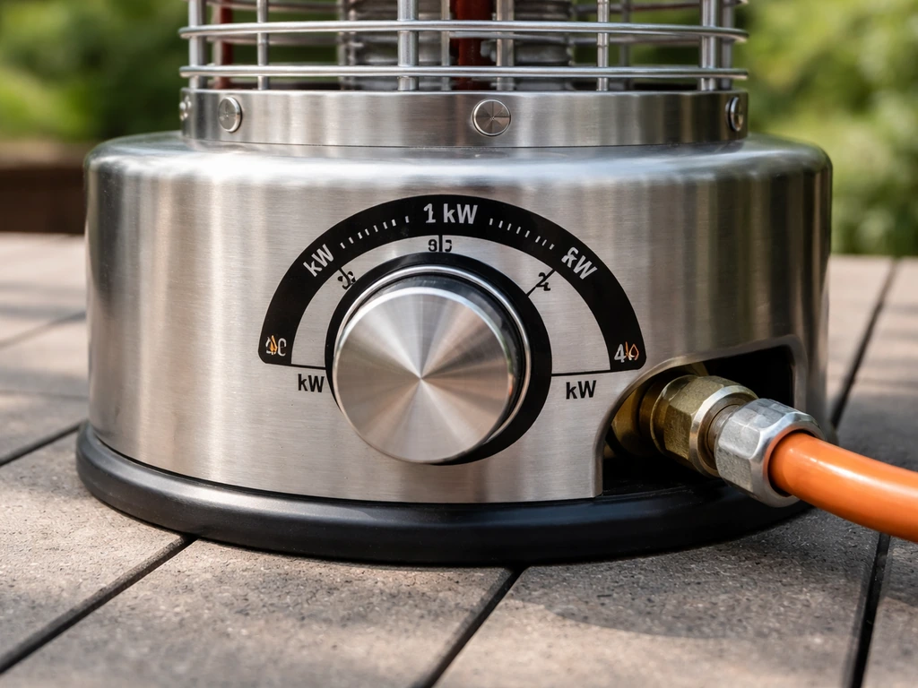 Close-up of a tabletop patio heater showing the kW heat scale, control knob, and gas regulator connection.