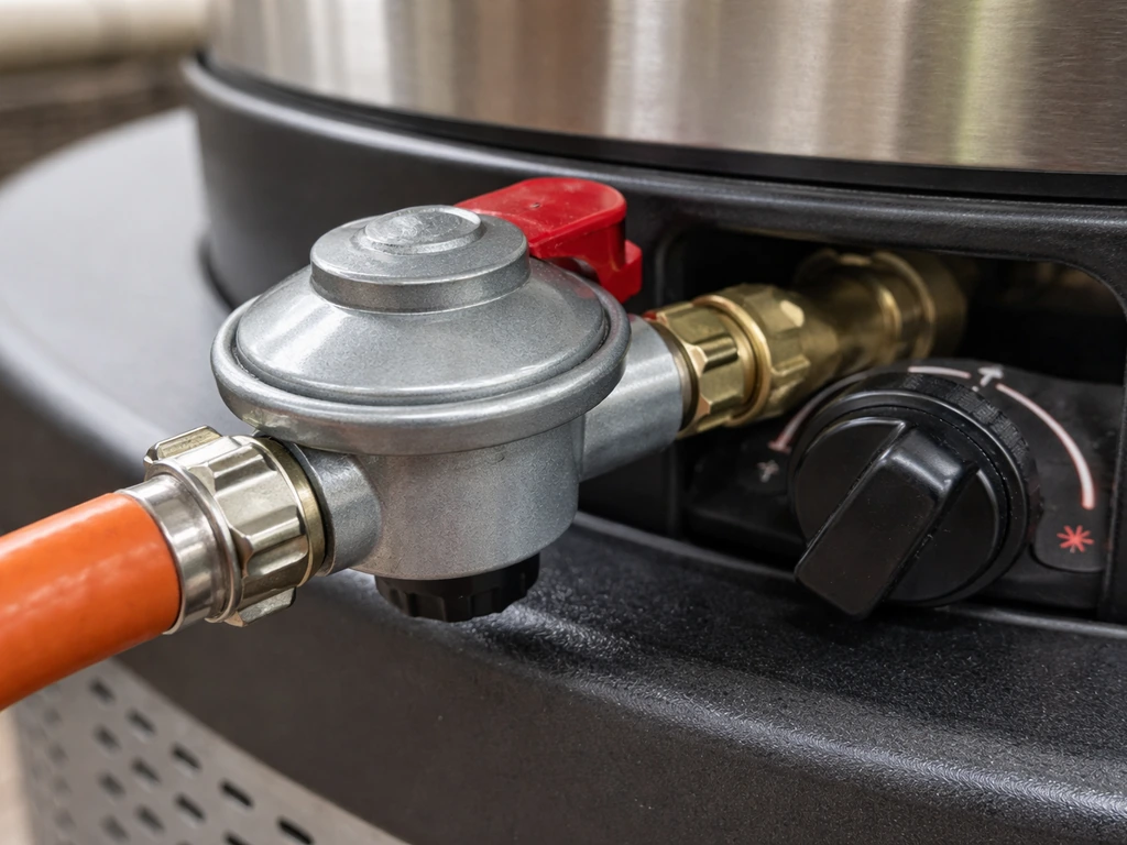 Close-up of an LPG/propane clip-on regulator and hose connected to a tabletop heater valve.