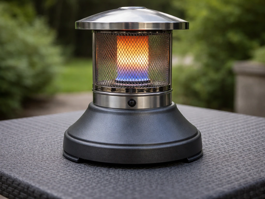 Tabletop gas heater with a wide weighted base standing securely on a patio table.