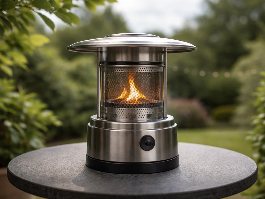 Tabletop heater with a visible wind guard and recessed burner in a breezy outdoor setting