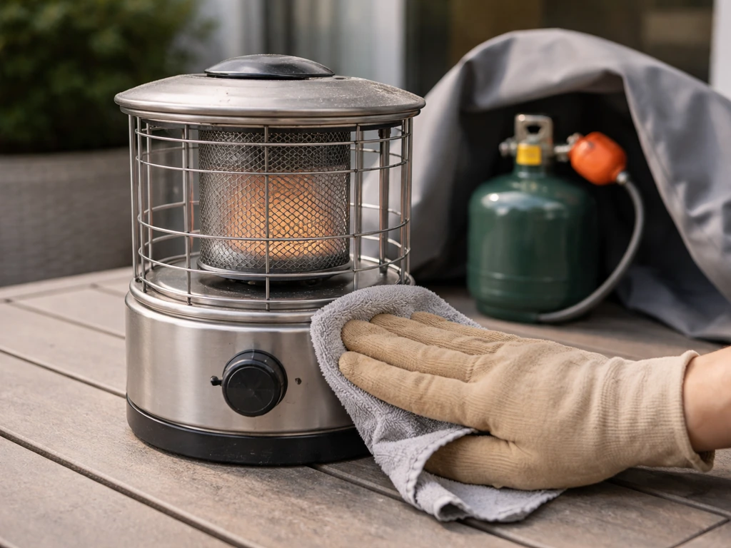 Hand wiping a small tabletop gas heater exterior with a cloth, with a cylinder nearby under a cover