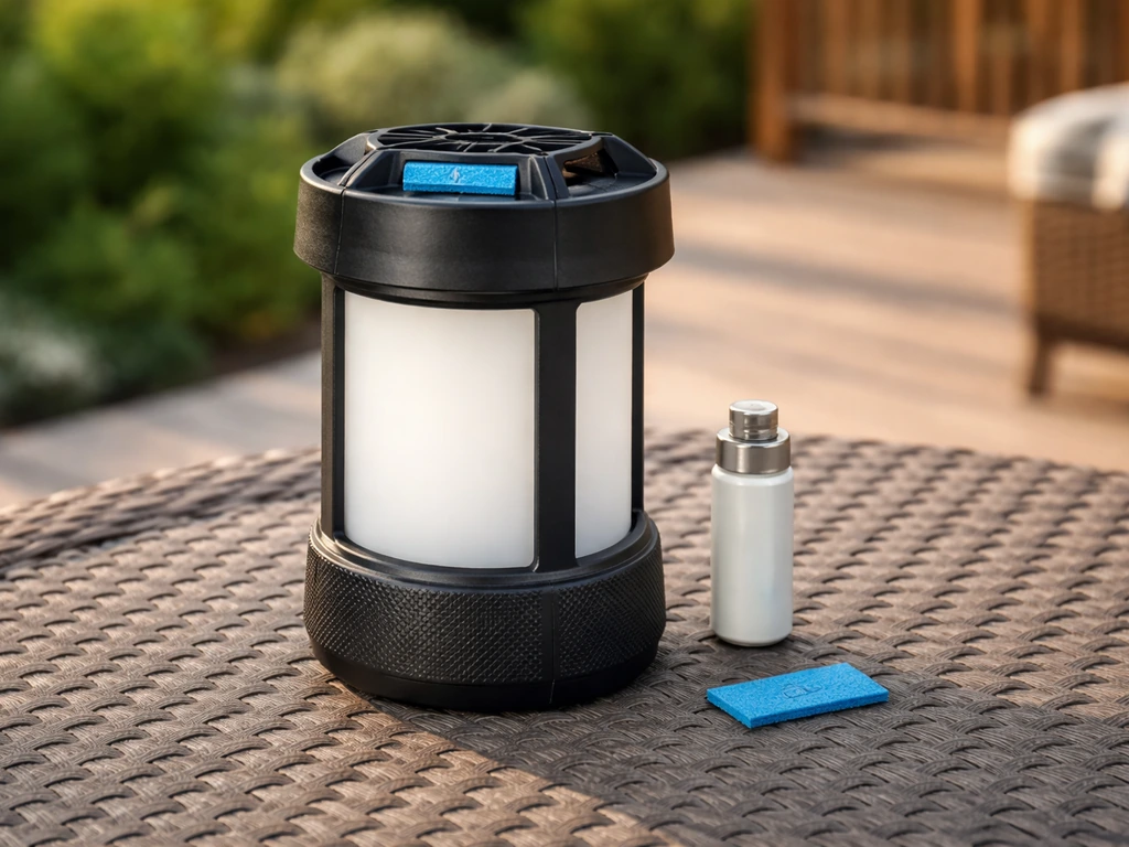 Tabletop lantern-style mosquito repeller on a patio table with repellent mat and fuel cartridge visible.