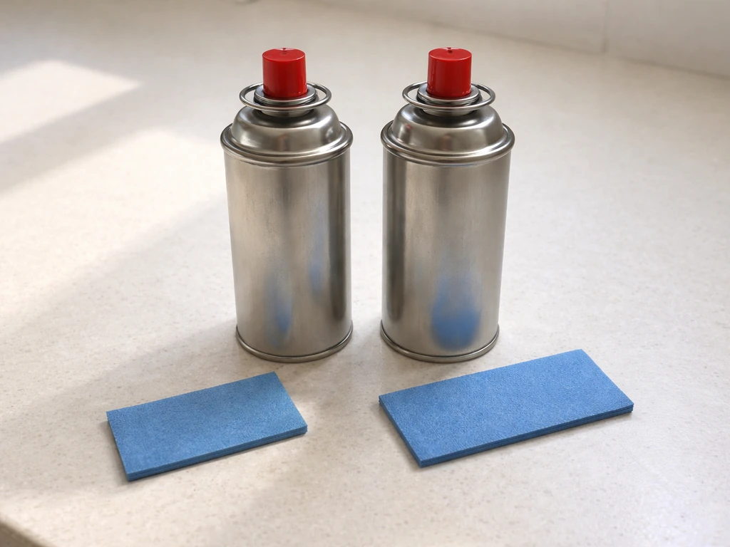 Close-up of two butane cartridges and two repellent mats on a countertop, suggesting refill timing.