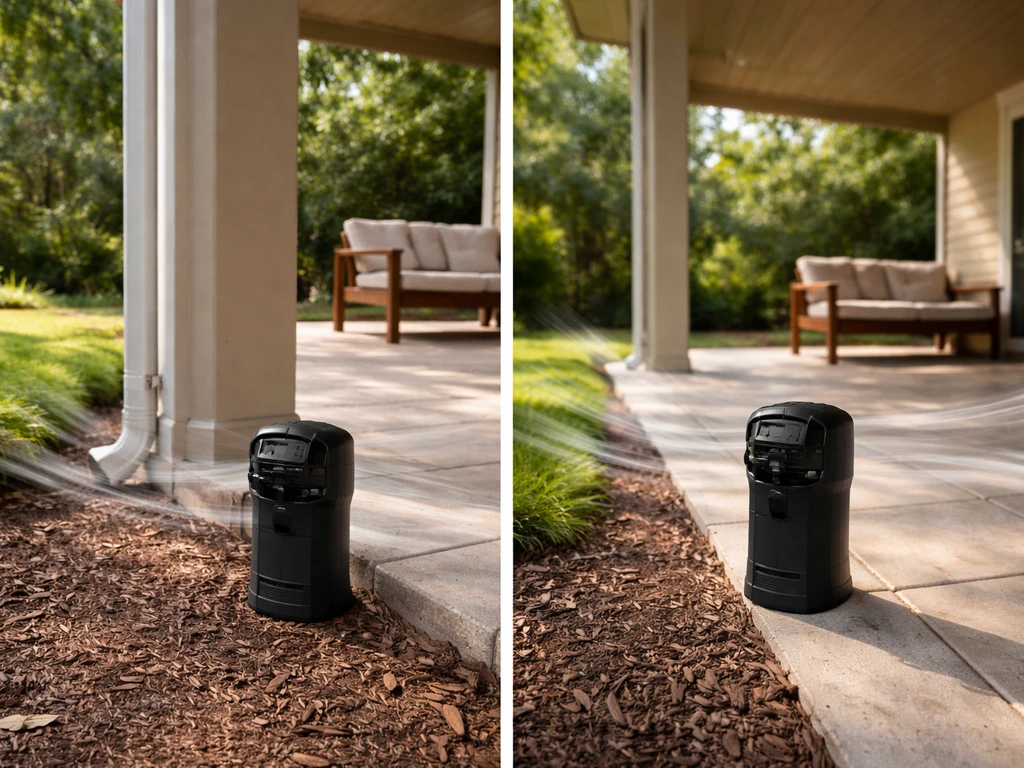 Split photo showing proper vs poor patio placement of an outdoor pest repeller in windy airflow.