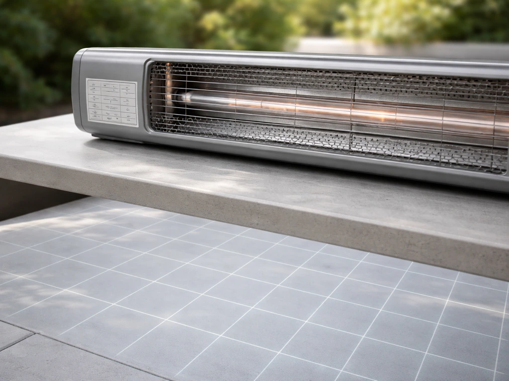 Close-up of a quartz tube heater label beside a patio coverage overlay showing size matching watt output