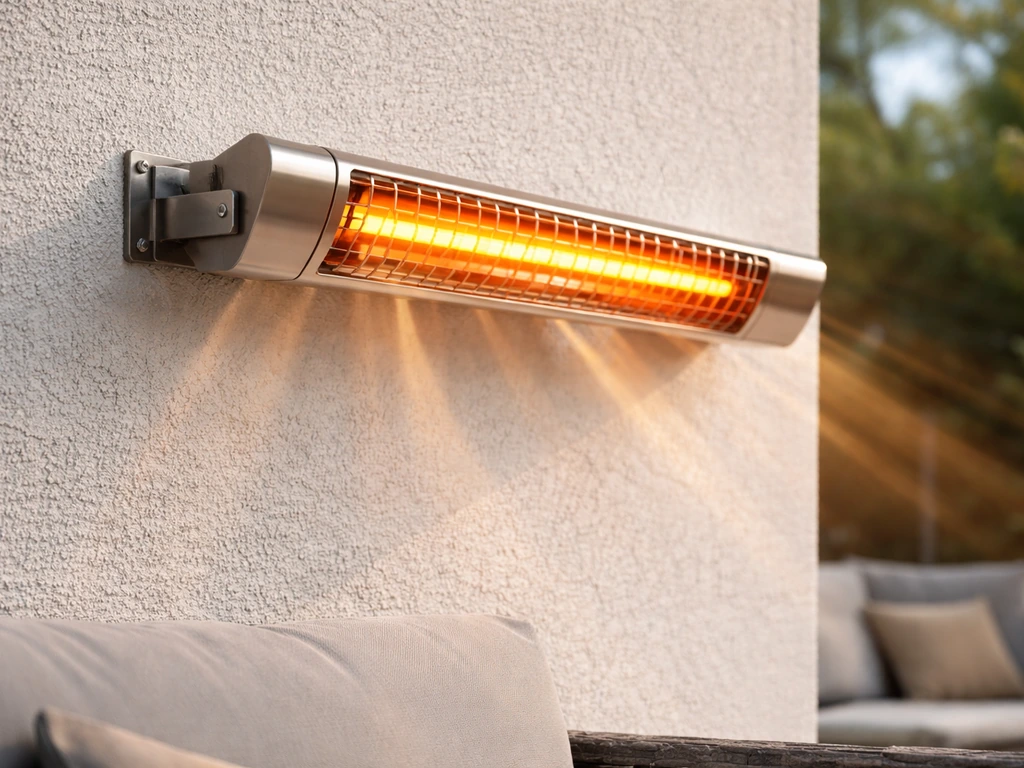 Close-up of a wall-mounted quartz tube heater bracket and aligned tube over outdoor seating area