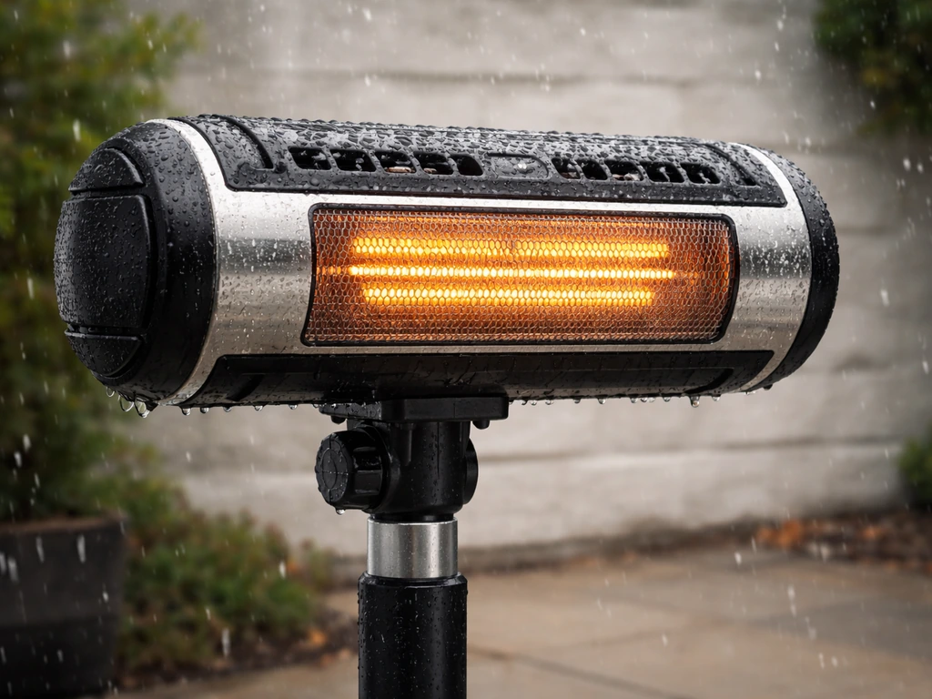 Outdoor heater with sealed enclosure and subtle water droplets indicating splash-proof weather resistance.