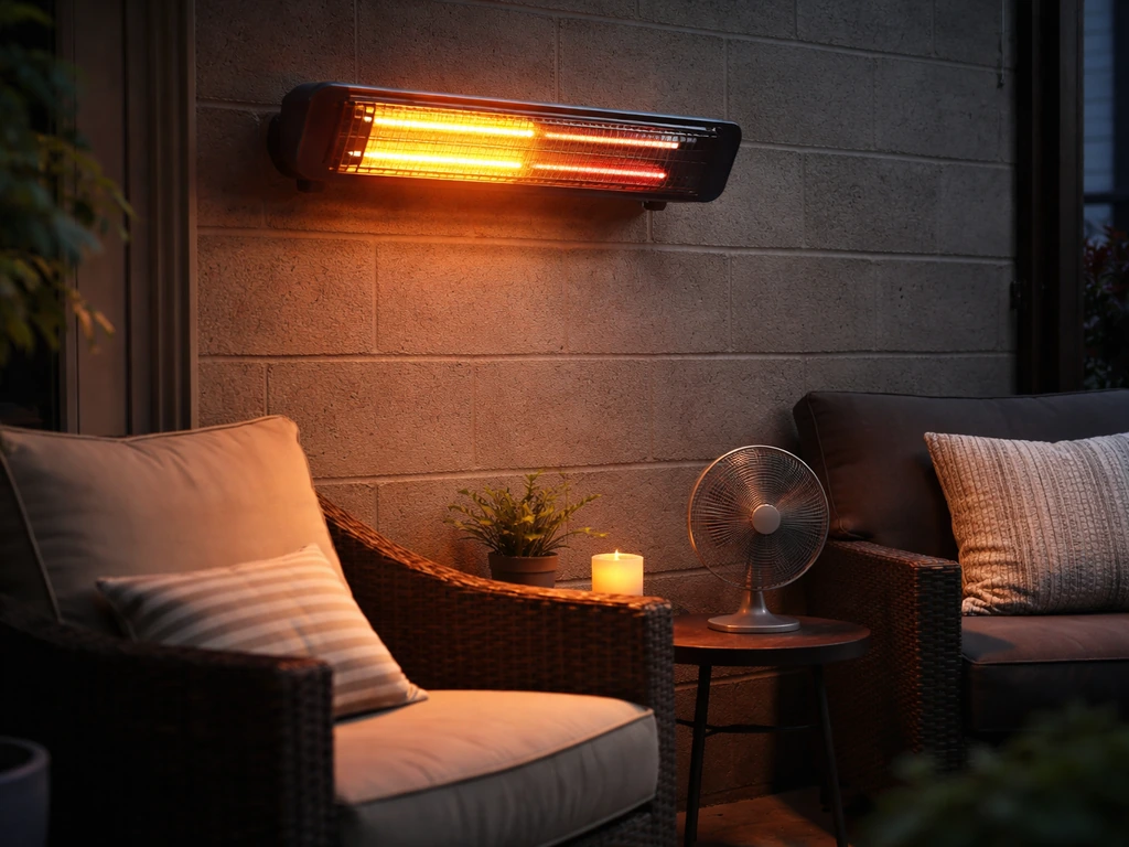 Quartz infrared heater warming two nearby seating areas differently, one side warmer despite wind airflow.