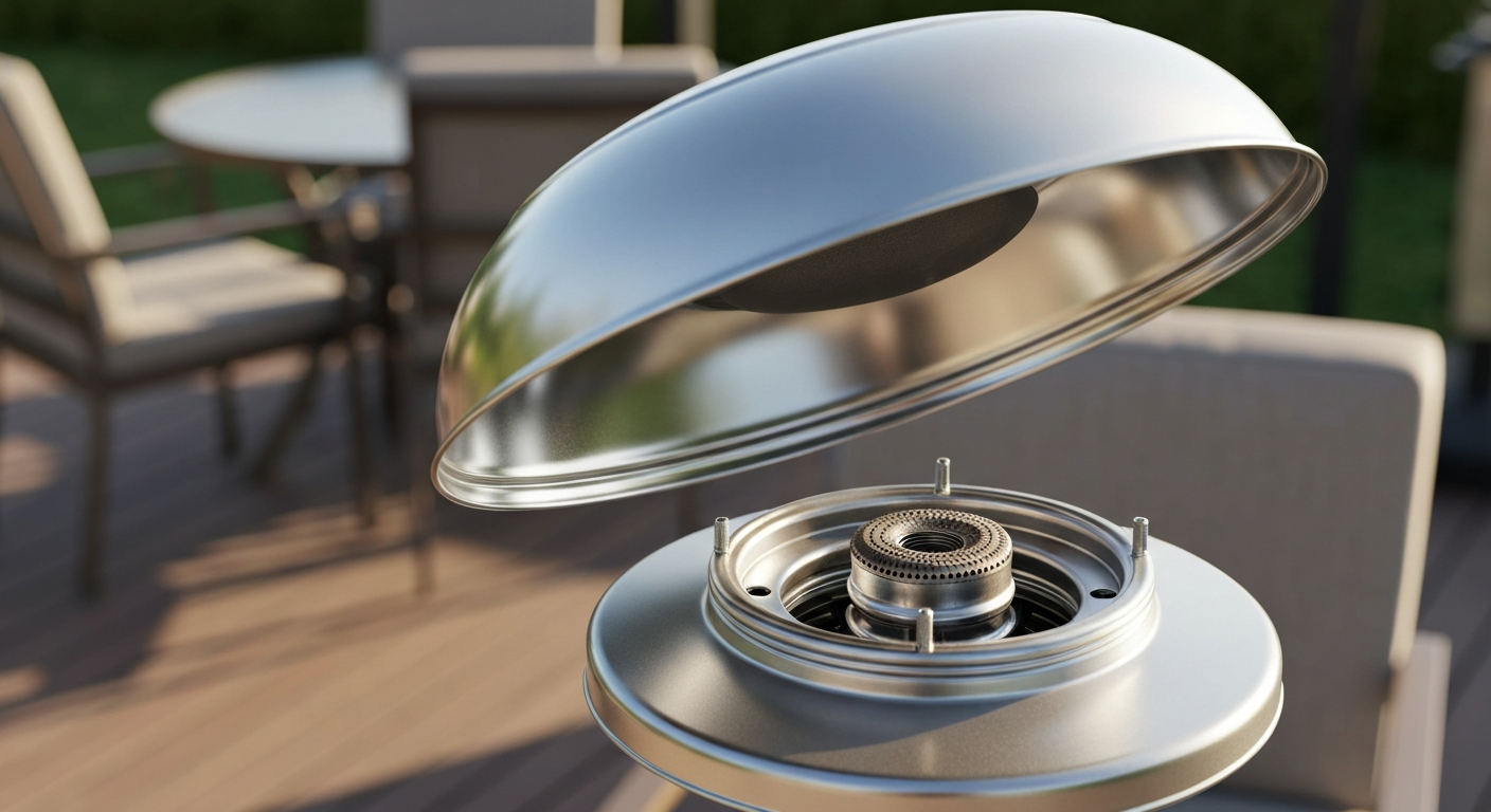 Standing propane patio heater with top shield reflector partially lifted showing burner head and three mounting studs.