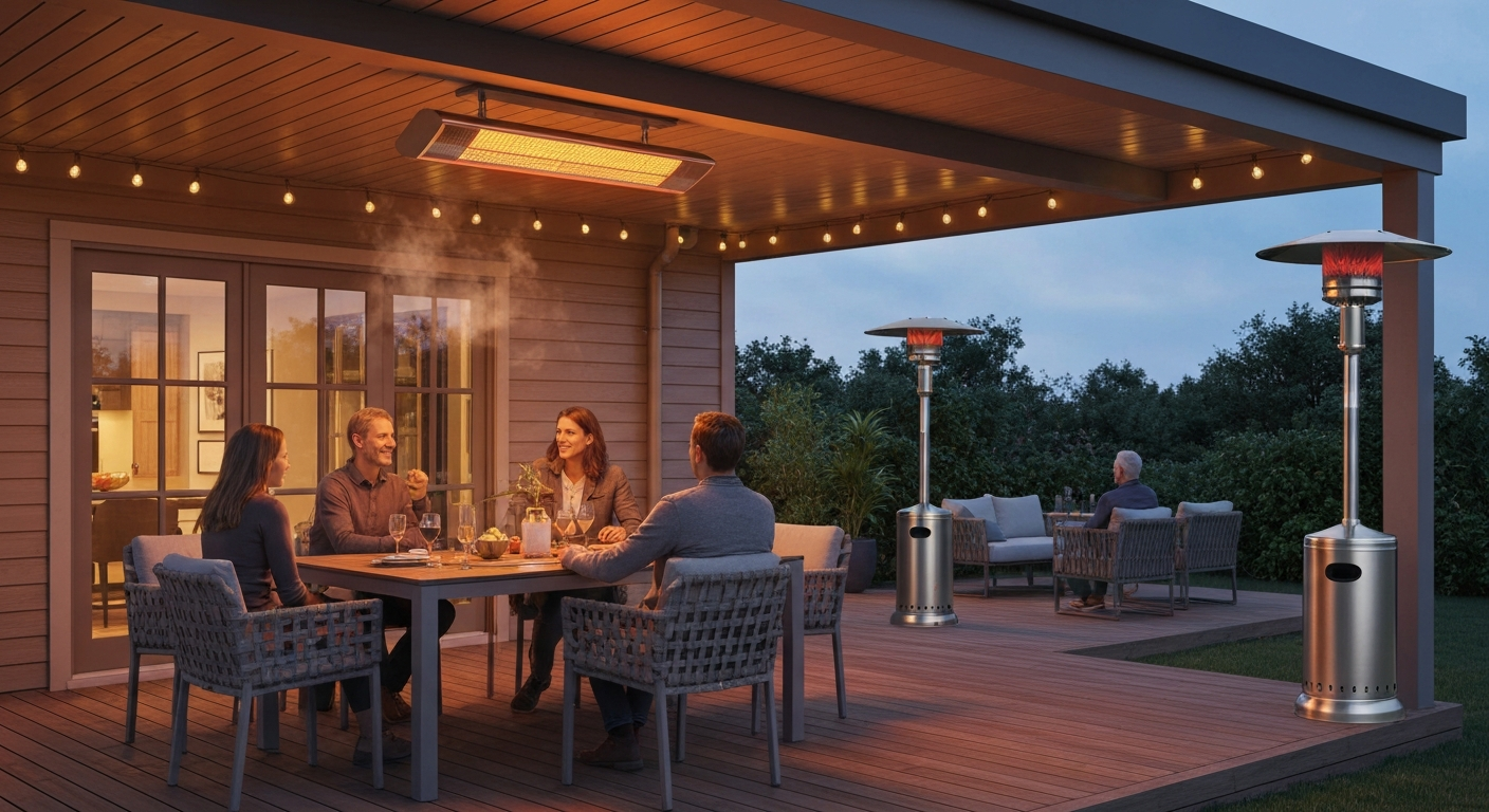Covered dining patio at dusk with a ceiling-mounted infrared heater glowing above the table and a freestanding propane heater nearby; warm light from the heaters illuminates seated guests and the outdoor seating area.