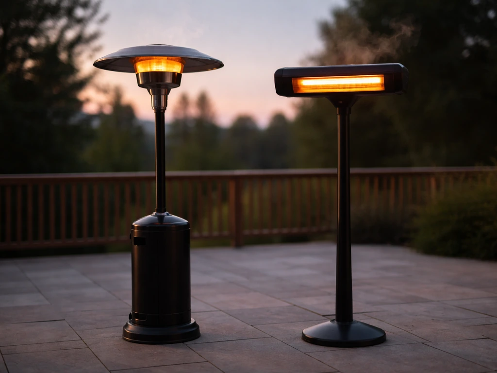Two side-by-side gas patio heaters on a quiet patio, showing different silhouettes and warm glow.