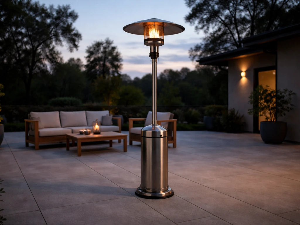 Large gas patio heater warming an open, wind-exposed patio at dusk.