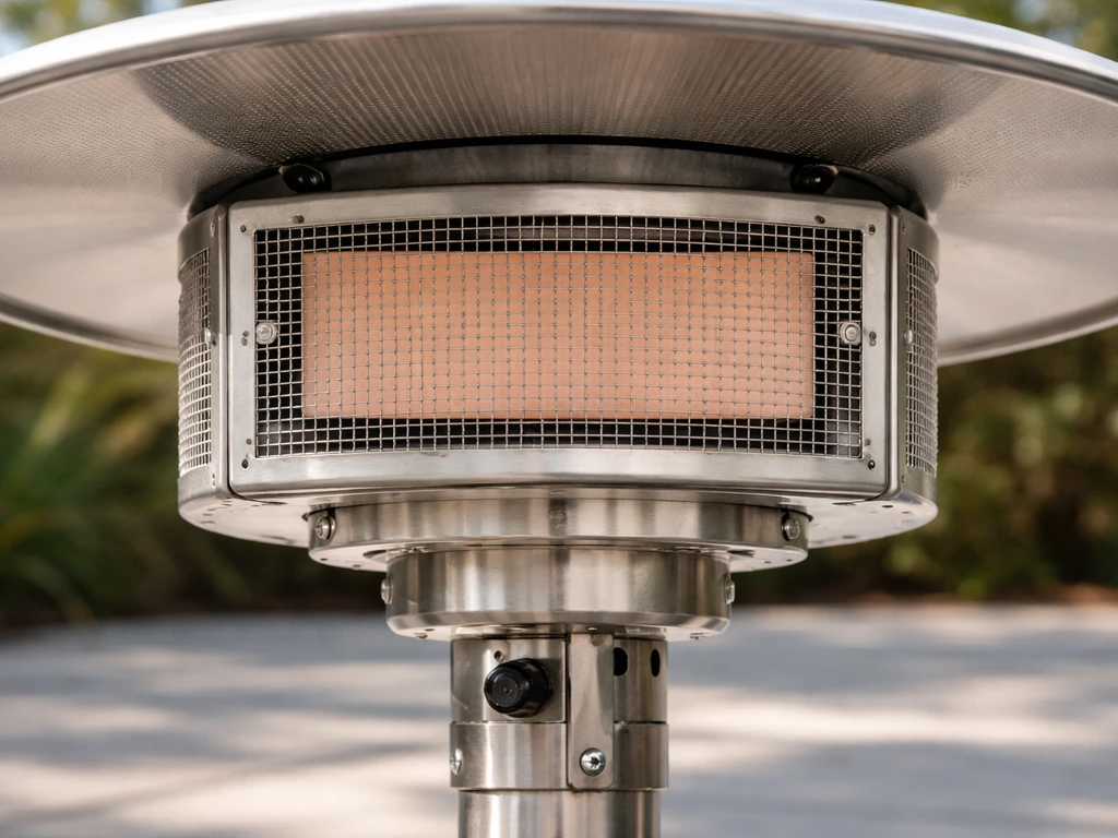 Close-up of an infrared patio heater’s radiant emitter on a simple outdoor concrete patio.