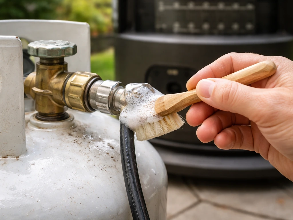 Hands brushing soapy water on a propane hose/regulator connection for a leak check beside a heater.