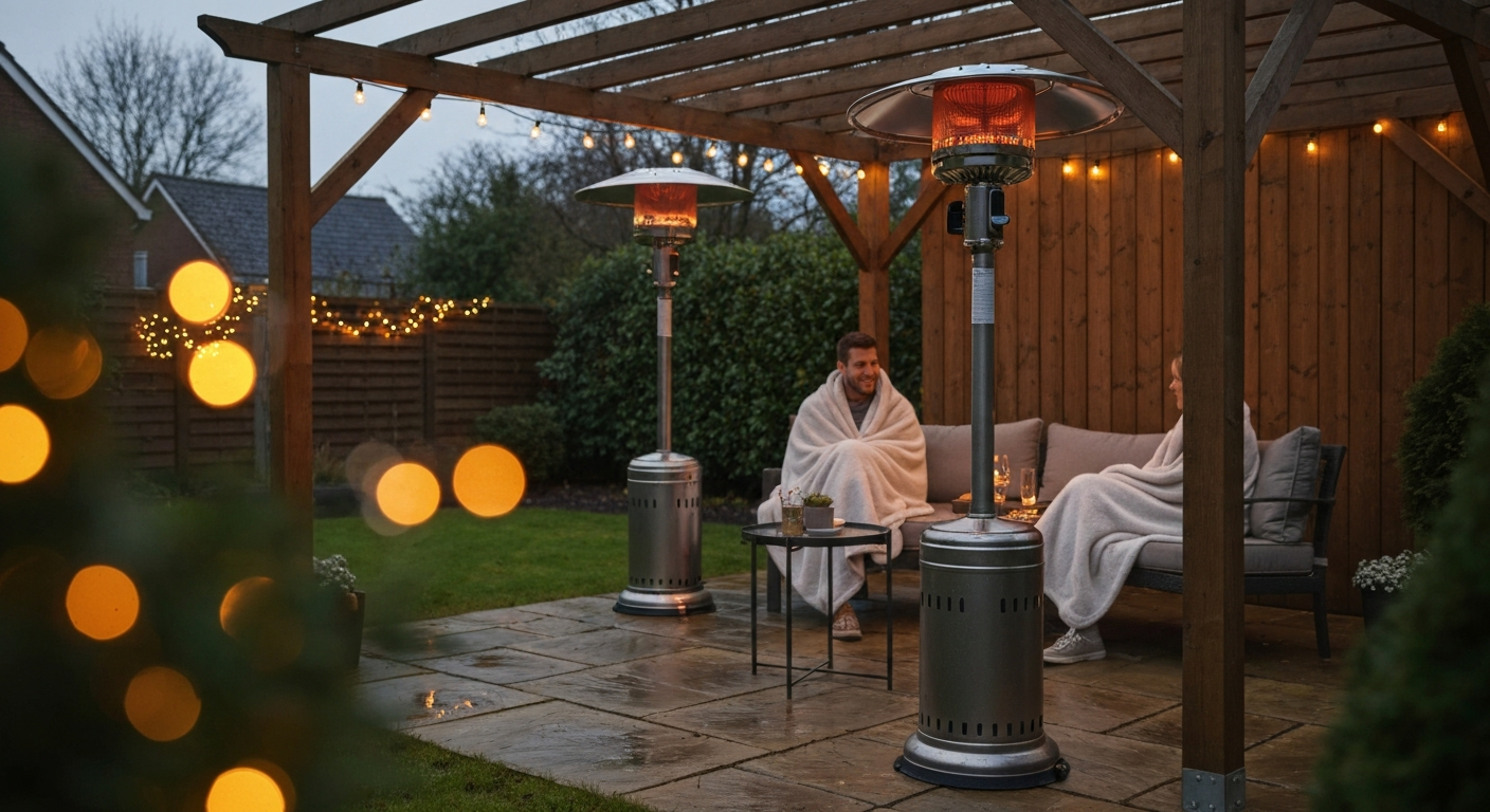 Kettler Kalos tabletop electric patio heater glowing on a sheltered evening patio under a pergola with two people seated nearby.