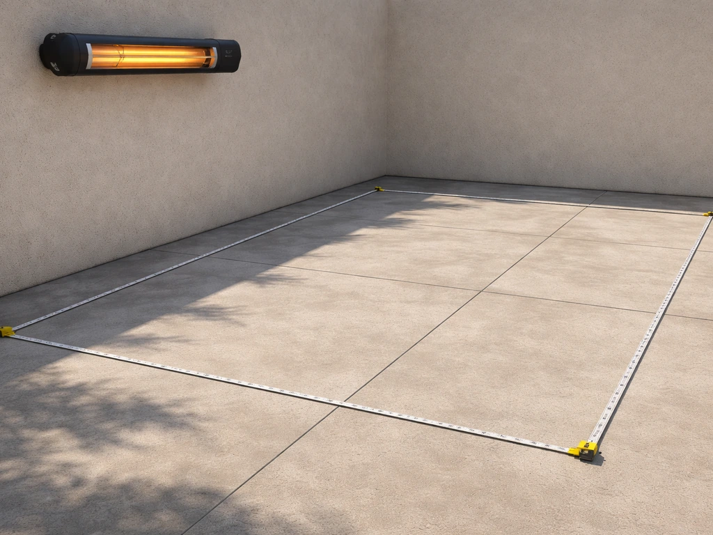 Side view of a mounted patio heater with a measuring tape showing an 11x11 ft mounting-height coverage area.