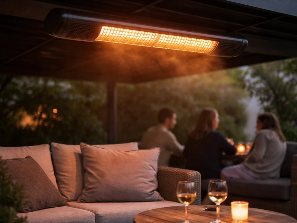 Infrared patio heater on over shaded outdoor seating with a soft warm glow around relaxed people.