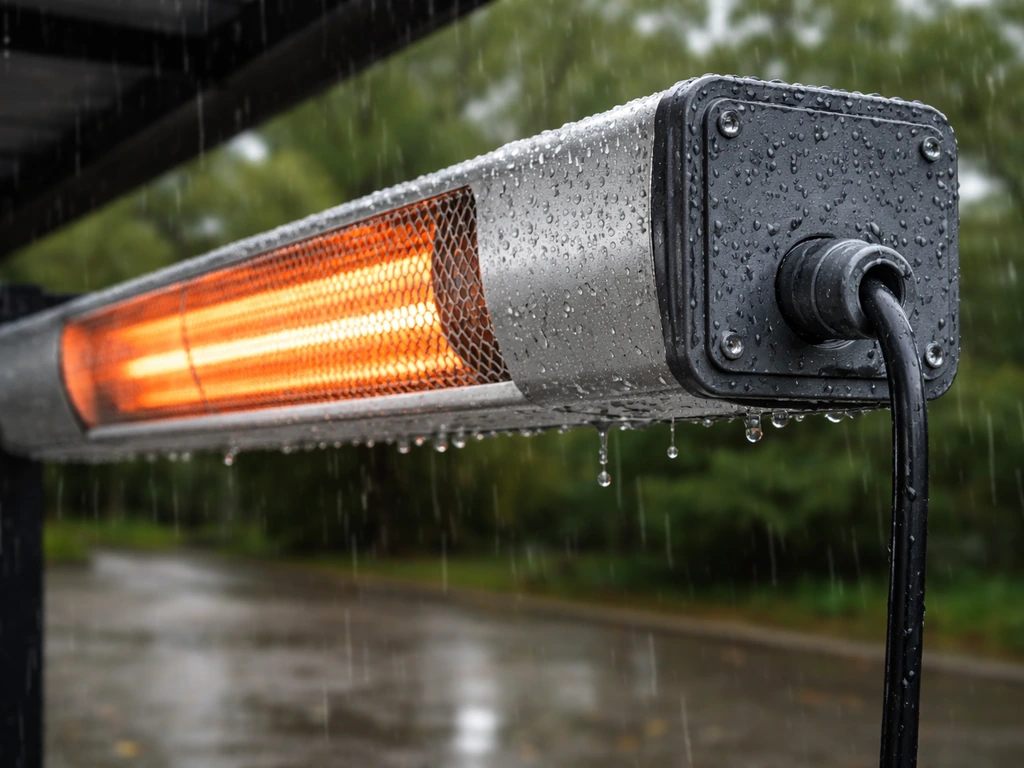 Outdoor infrared heater in light rain with weatherproof electrical connections and damp-protected components