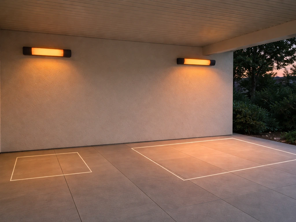 Two infrared heaters of different sizes mounted under a patio cover, showing coverage fit over a small floor area.