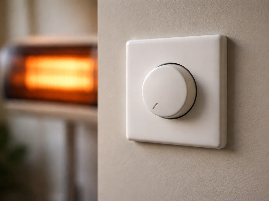 Close-up of a wall dimmer controlling a heater, with the infrared heater visible in the background.