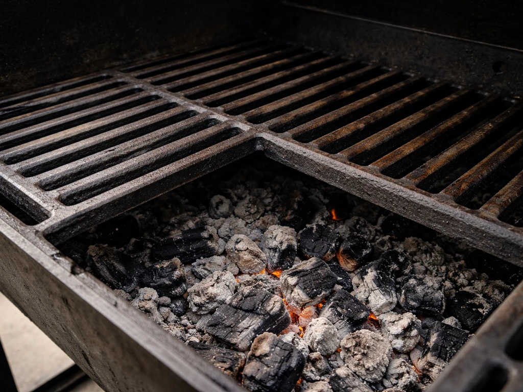 Close-up of heavy cast iron grill grates and open fire access area with visible heat wear.
