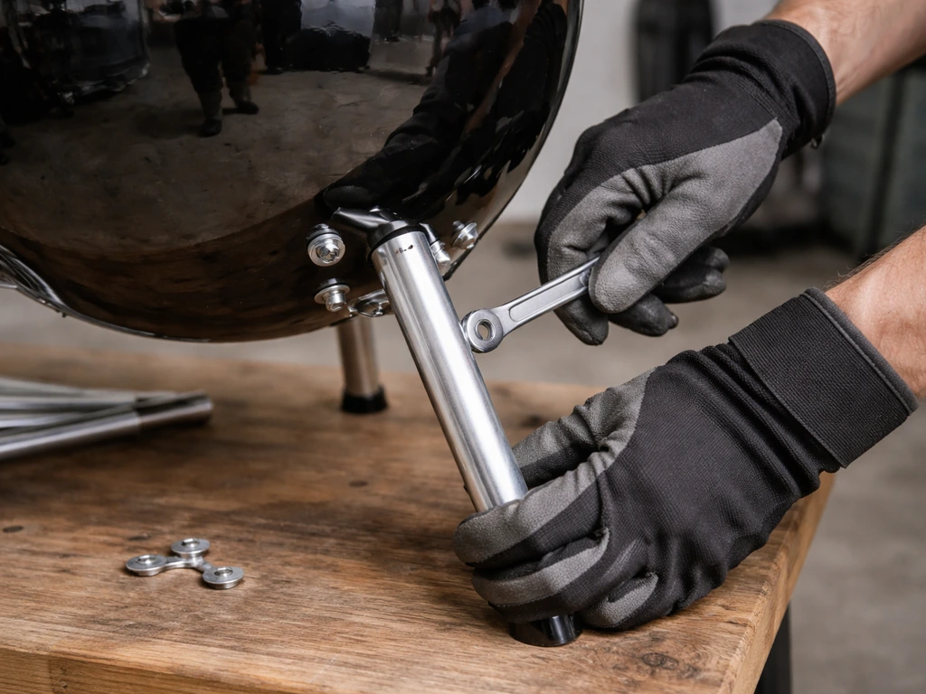 Close-up of gloved hands attaching kettle grill legs with bolts and a wrench on a simple workbench.