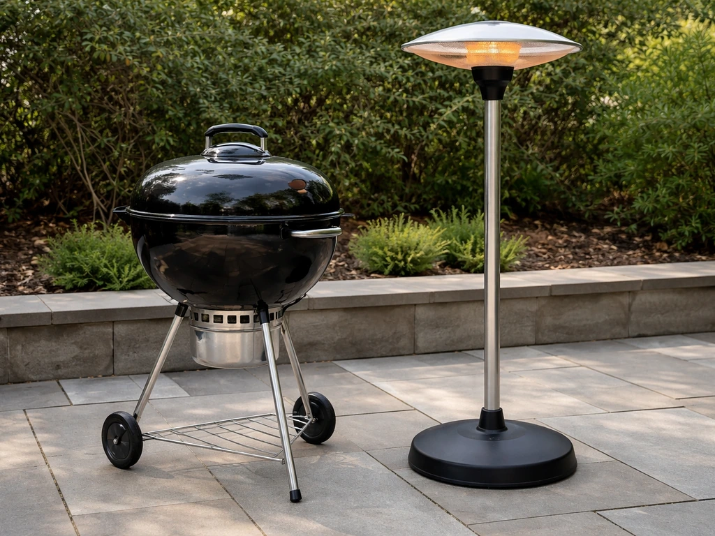 Side-by-side patio charcoal kettle grill and an electric patio heater on a quiet outdoor patio.